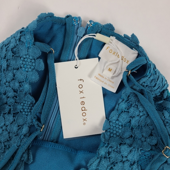 FOXIEDOX Anthropogogie Teal Blue Lace Mini Dress - Picture 5 of 5